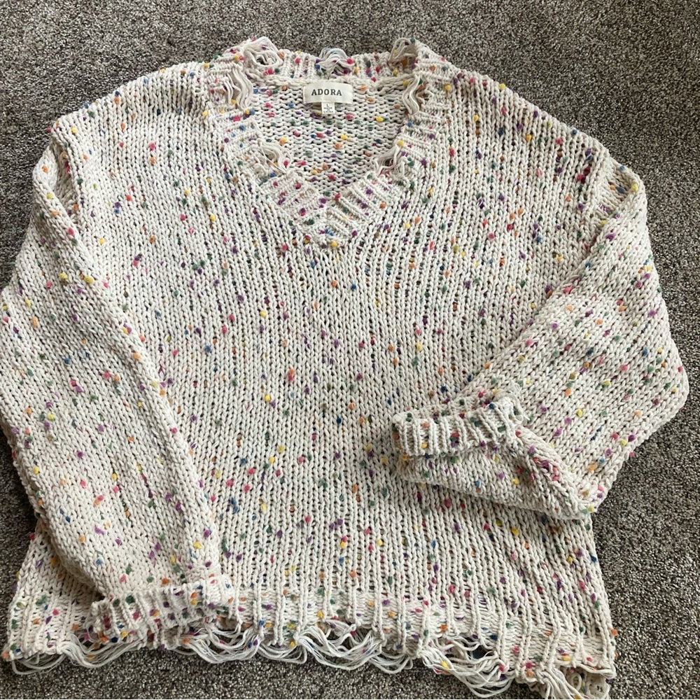 Adora Womens Open Knit Sz L  Chunky Sweater Multicolor Dots V Neck Frayed Hem